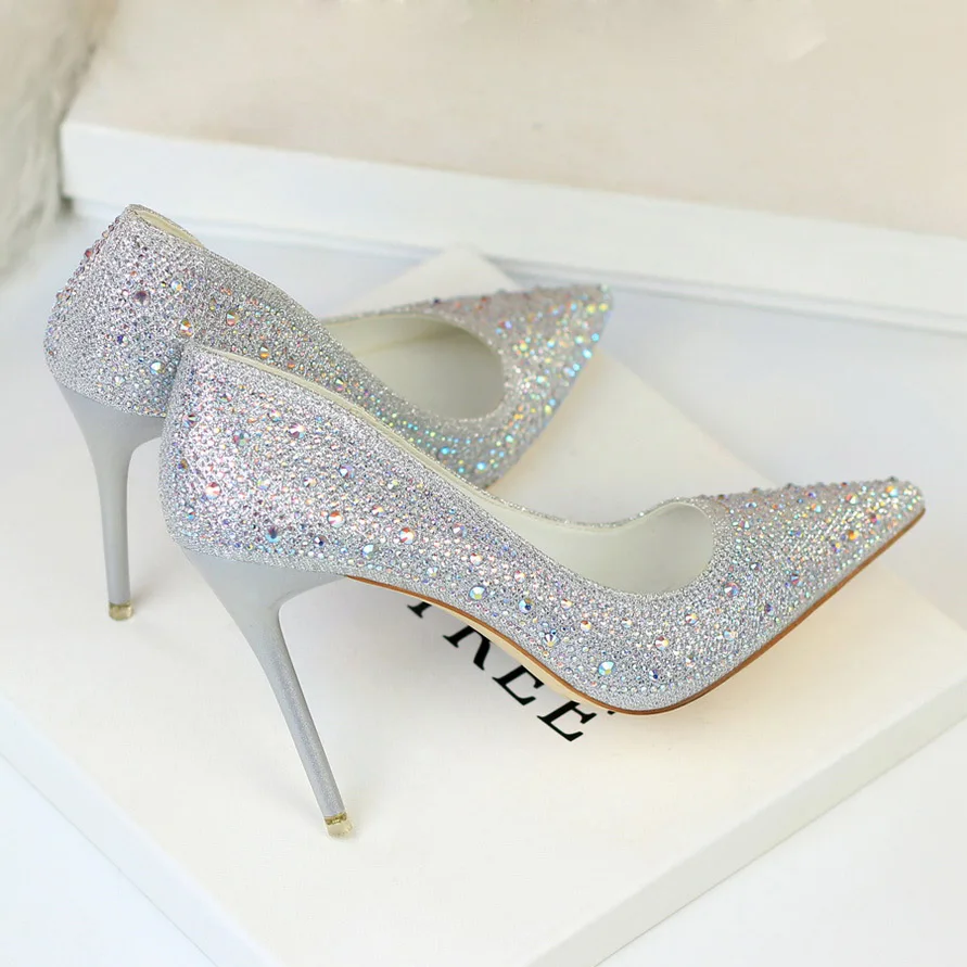 

2019 Women 10cm High Heels Glitter Crystal Pumps Lady Elegant Silver Female Footwear Wedding Gold Bridal Scarpins Pink Shoes