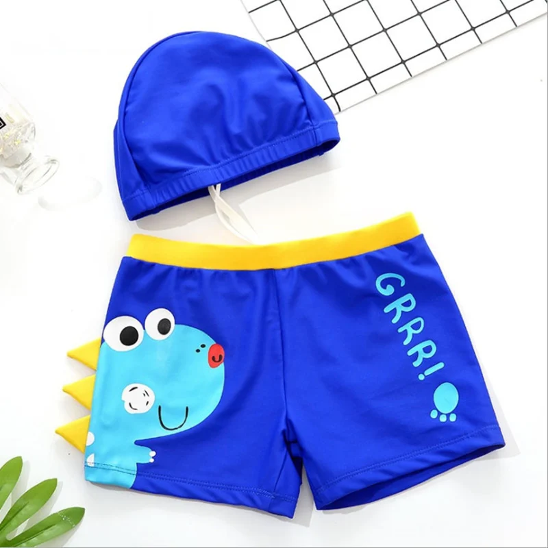 2 предмета, плавки для мальчиков 1-3 лет+ шапочки для купания для мальчиков, детский купальный костюм, детская пляжная одежда, плавки с рисунком - Цвет: Blue