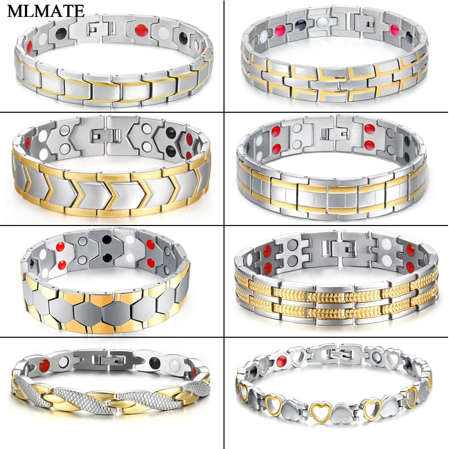 

Gold Silver Color Magnetic Bracelet Men Stainless Steel Energy Germanium Magnet Health Bracelets Women Hand Chain Bracelets