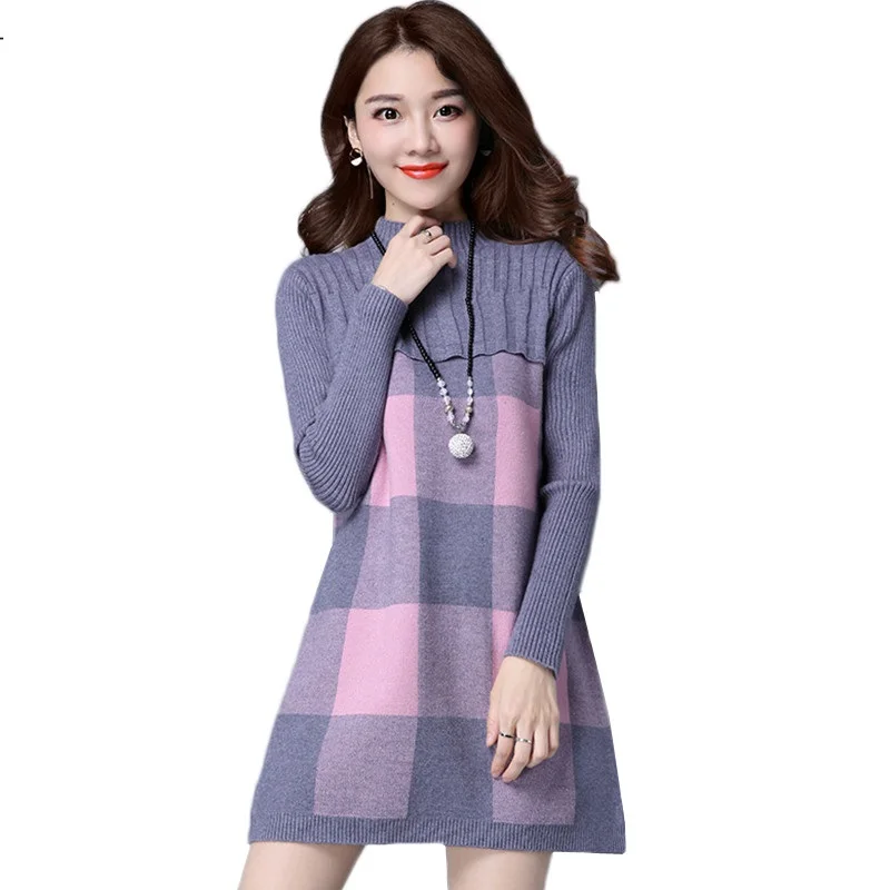 

OKXGNZ Women Knitted Dress Round Neck Long Sleeve A-Line Pullover Knitted 2018 New Autumn Winter Women Mini Sweater Dress K782