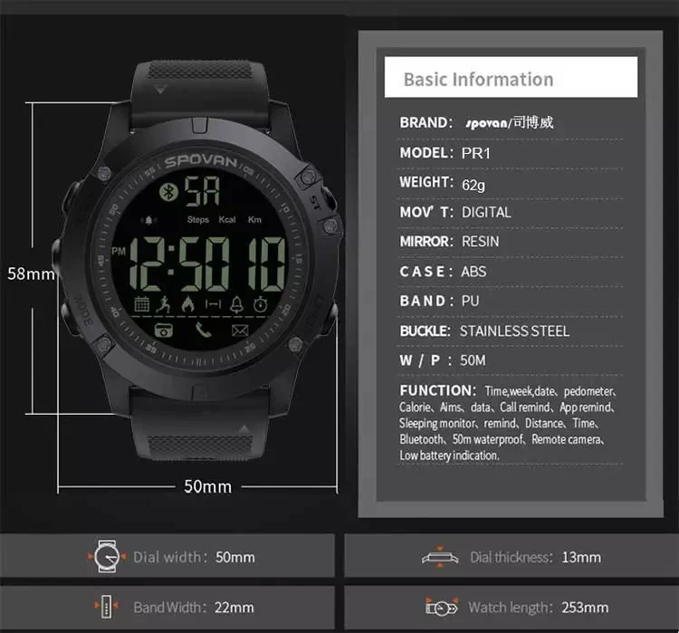 Мужские спортивные цифровые часы SPOVAN, водонепроницаемые, барометр, шагомер, калории, секундомер, мужские часы, Reloj Hombre