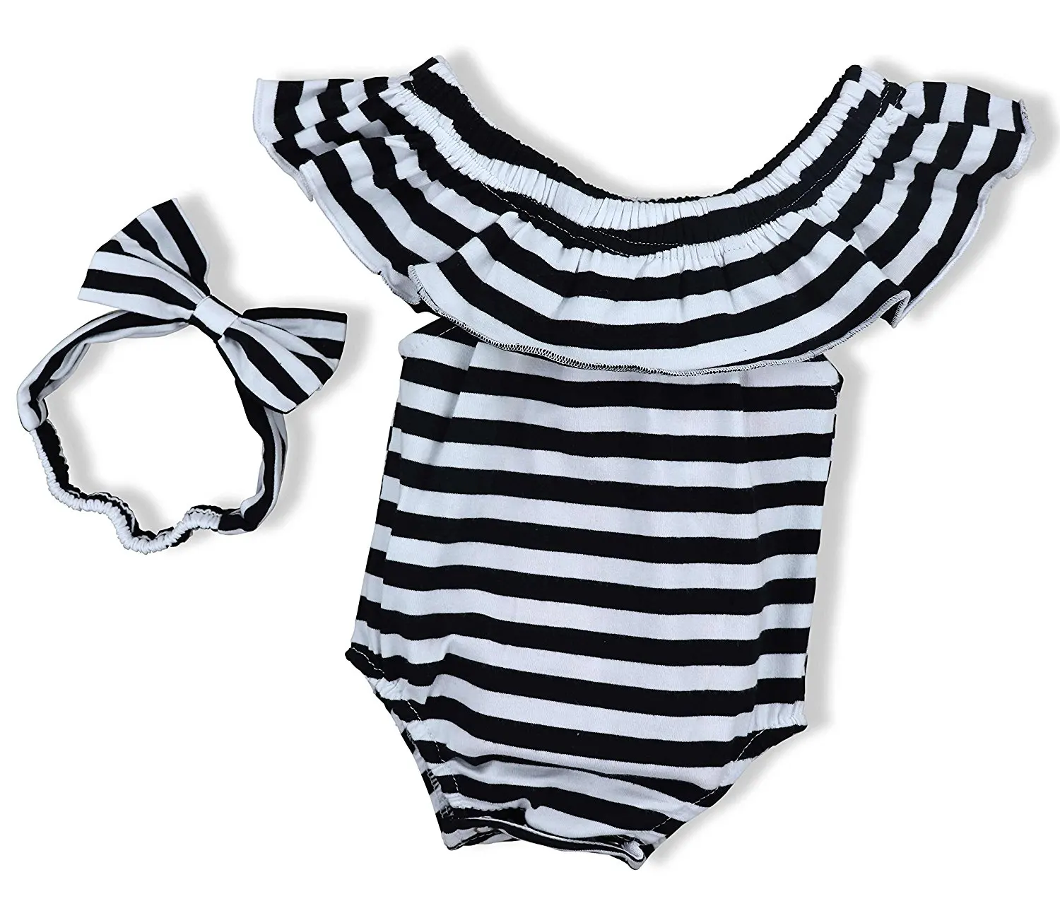 

Oklady Baby Girls Clothes Black and White Stripes Romper with Bowknot Headband