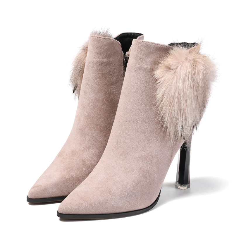 

Women Shoes Winter Boot High Thin Heel Ankle Pointed Toe Zip Genuine leather Kid Suede Fur Solid Casual Fashion Ladies Footwear