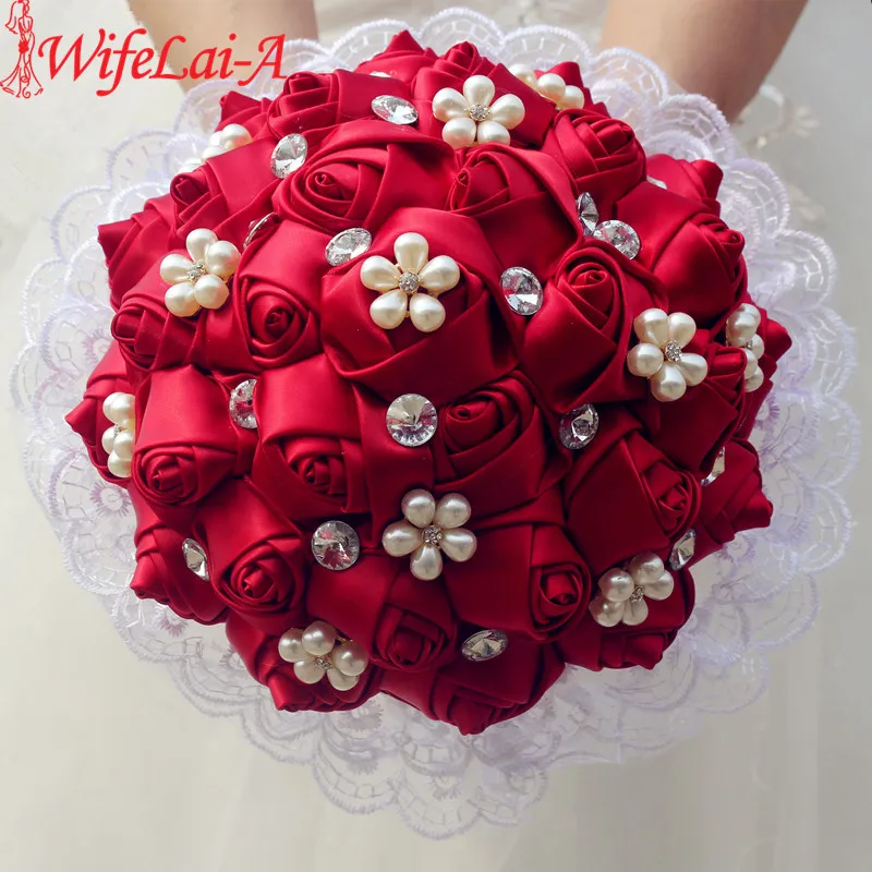 

WifeLai-A 1Piece Lace Wine Red Rose Flowers Brooch Throw Bouquets Pearl Flowers Diamond Bridal Wedding Decoration Bouquet W2286