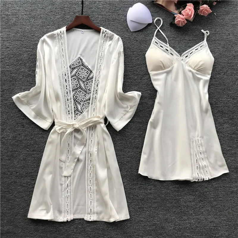 Женский сексуальный кружевной Шелковый халат и халат, комплект для сна, платье+ халат, комплект из двух частей, Одноцветный халат, ночная рубашка для подружки невесты, женская домашняя ночная рубашка
