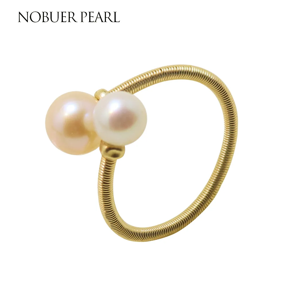 

Nobuer 14KGF Pearl Rings For Women Handmade Women's Ring Jewelry With 6-8mm White & Pink Pearl Bridal Sets Rings Adjustable Size