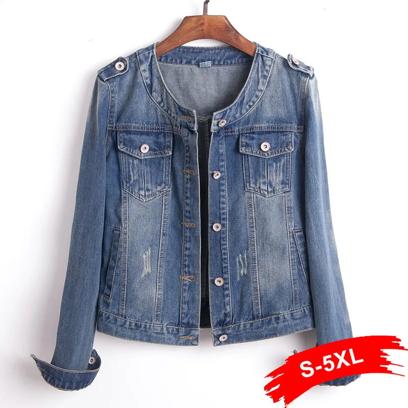 Economici Più di Formato Rotondo Del Collare Giacca di Jeans 4XL 5XL Dolce Delle Donne di Luce Blu Bomber Breve Giubbotti Jeans Manica Lunga Jaqueta casual Cappotto