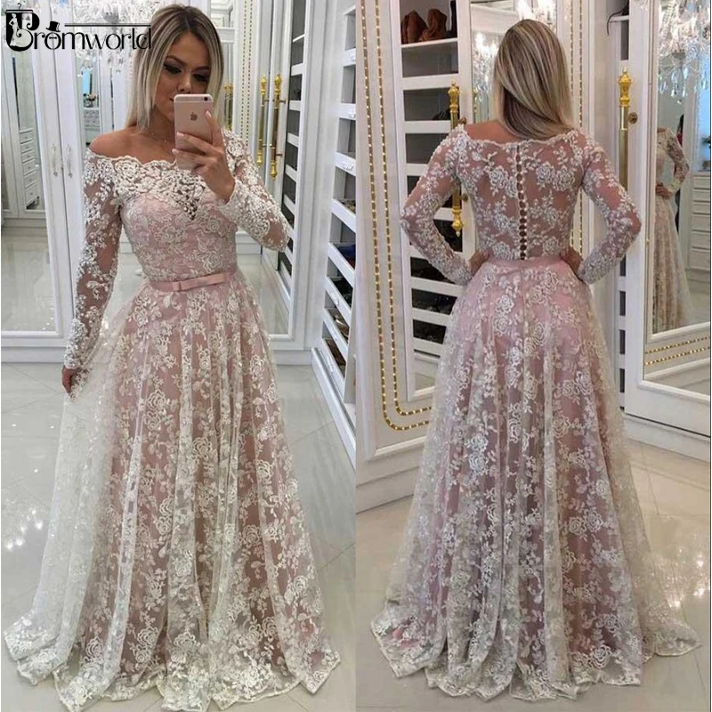 

Lace Muslim Evening Dresses 2019 A-line Off Shoulder Long Sleeves Plus Size Saudi Arabic Dubai Long Evening Gown Formal Dress