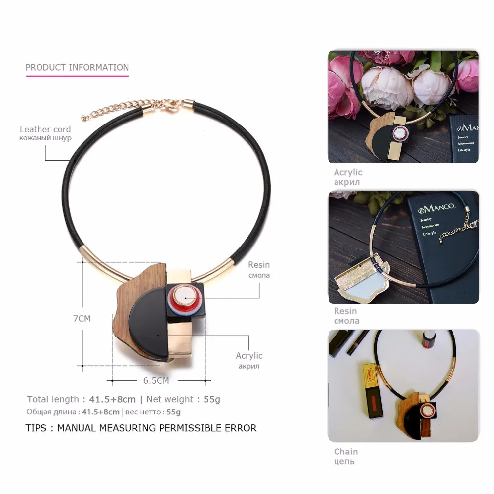eManco Big Plank Geometric Collar Necklace&Pendant Women Resin Wood Rope Alloy Summer Fashion Jewelry