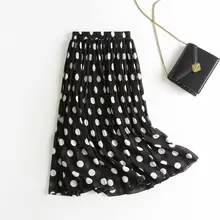 Women Summer Polka Print Chiffon Long Skirt Female European Style Pleated Elastic High Waist Skirts For Sweet Girl Skirt