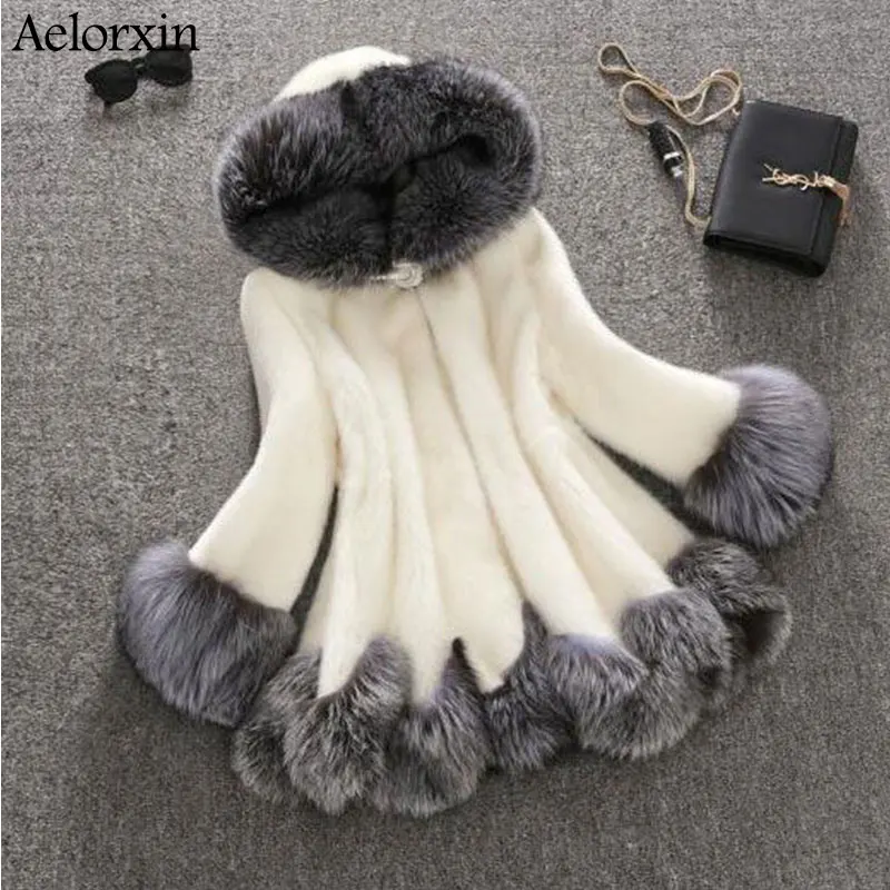 2017 Alta Imitação Gola de Pele De Raposa Casaco De Pele Das Mulheres de Prata com capuz de Pele De Vison Casaco de Inverno de Médio longo Casaco Plus Size S 4XL casaco