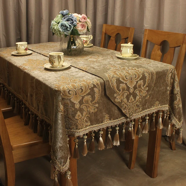 CURCYA Brown Classic Tablecloth Luxury Chenille Jacquard Vintage Table