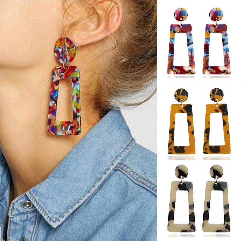 

Boho Geometric Statement Earrings Fashion Jewelry Colorful Leopard Printed Acrylic Drop Earrings for Women