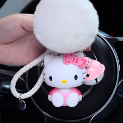 Милый мультяшный брелок hello kitty из кроличьего меха с помпонами, помпонами, брелок для женщин с кожаным ремешком, металлическое кольцо для ключей, цепочка для автомобильных сумок, брелок D35B