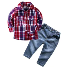 Детская клетчатая рубашка с длинными рукавами для мальчиков и девочек топ+ джинсовые штаны комплект джинсовой одежды для маленьких мальчиков Лидер продаж, детская одежда