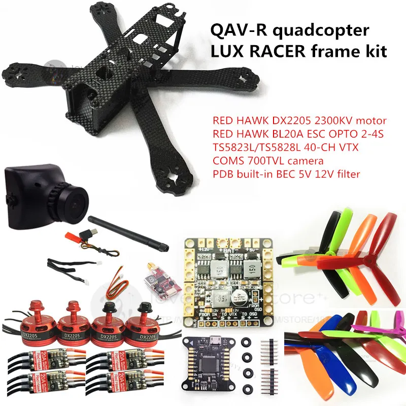 

DIY FPV mini drone QAV-R quadcopter LUX RACER 4x2x2 frame kit RED HAWK DX2205 + RED HAWK BL20A ESC + 700TVL CAM +TS5823L/TS5828L
