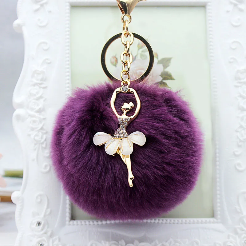 

1PC Lovely Crystal Ballet Girl Pompom Keychains Golden Dancing Angel Fluffy Puff Ball Pendants Key Chain Car Styling Bag Jewelry