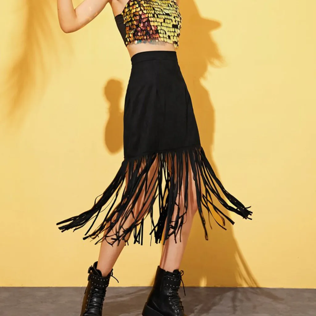 

2019 New Fashion Boho Fringe Tassel Skirt Womens Maxi Skirt Tassel Solid Beach Pleated High Waisted A-Line Skirts Harajuku E55