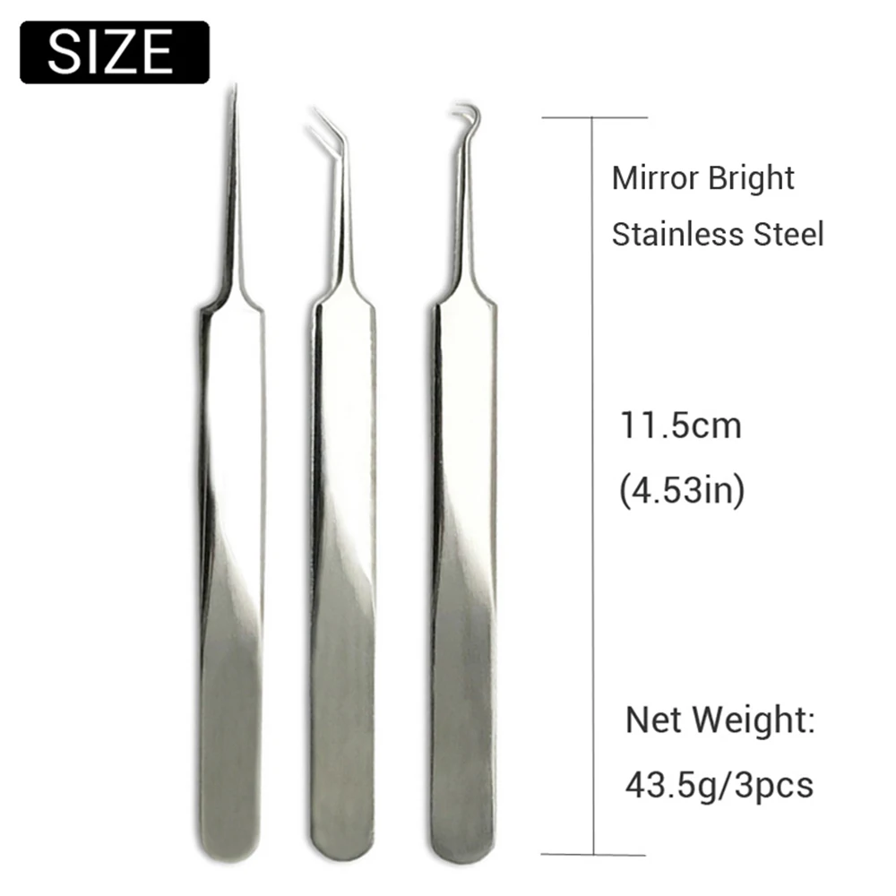 

Practical Acne Needle Tweezers Blackhead Pimples Removal Pointed Bend Gib Head Face Care Tools Comedone Acne Extractor 3pcs/set