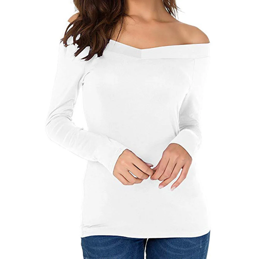  Fashion Sexy Velvet Off Shoulder Top Backless T Shirt V Neck T-Shirts Women Casual Long Sleeve Tshi