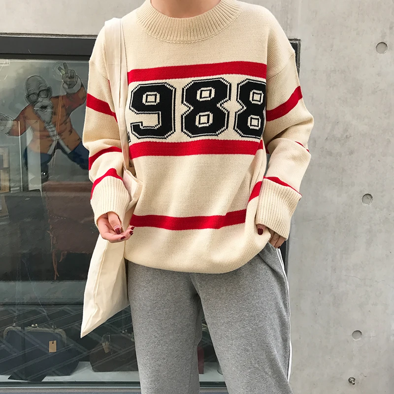 South Korea ulzzang loose bf wind digital striped pullovers female chic render knitwear student qiu dong | Женская одежда