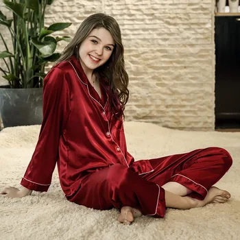 

Silk Solid Womens Sleepwear Pajama Set with Long Pants Woman Lingeries Long Sleeve Turn-down Collar Underwear Home Wear