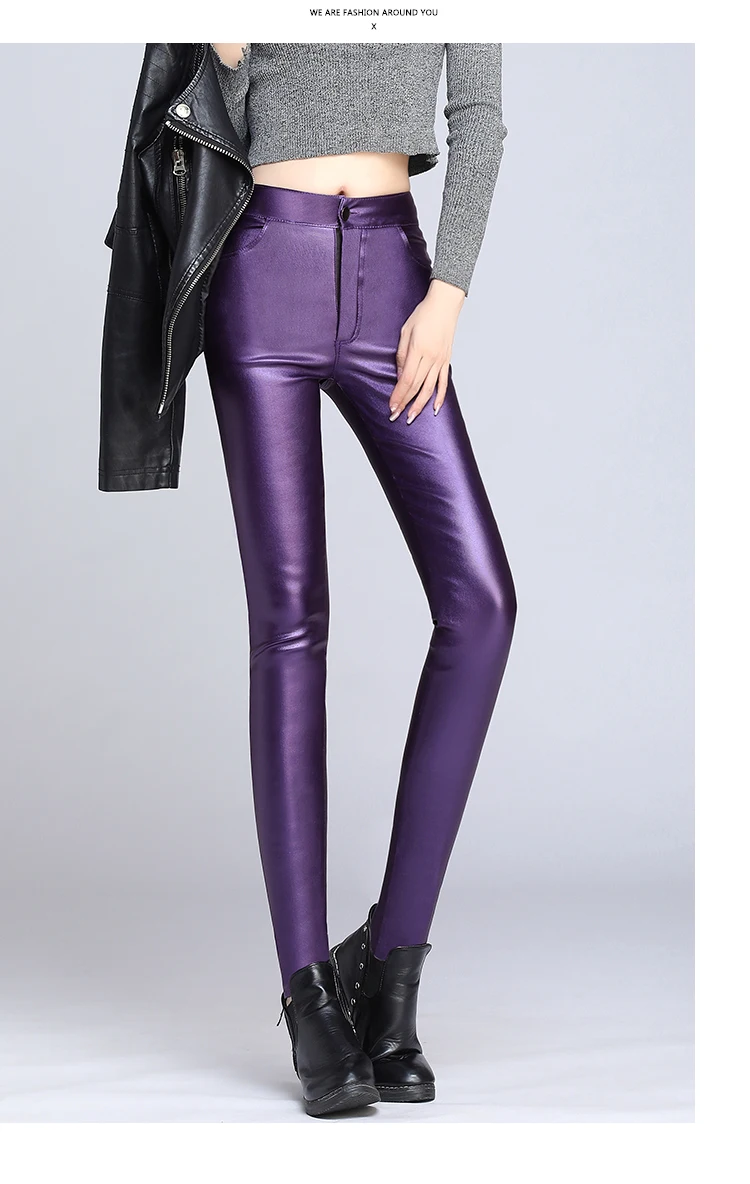Зима весна женские бархатные pu кожаные брюки сексуальные черные эластичные обтягивающие узкие брюки женские плотные брюки из искусственной кожи