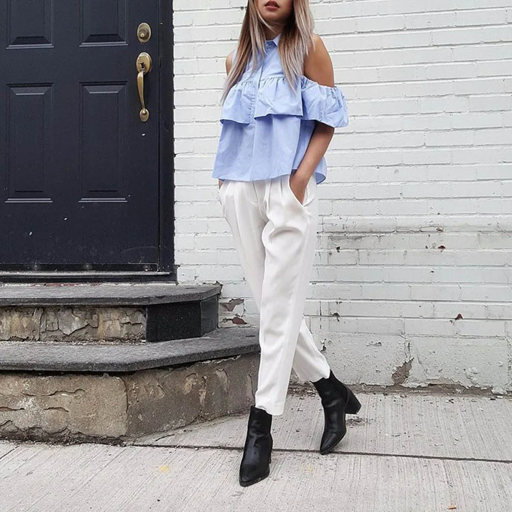 VESTLINDA Summer Women Off the Shoulder Ruffles Blouse Shirts Turn Down Collar Casual Sexy Tops Chemise Femme Work Office Blusas 8