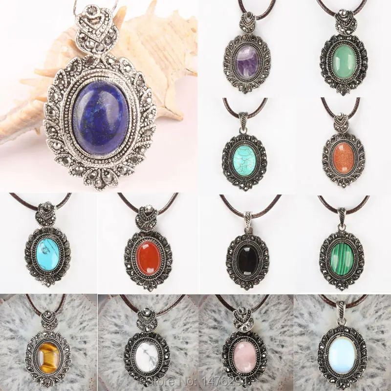 

Carnelian Lapis Onyx Opal Quartz Howlite Stone Aventurine Tiger's Eye Oval Bead Rhinestone Pendant 1PCS