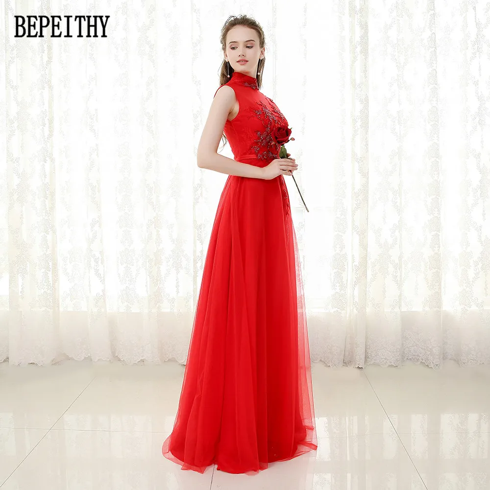 30  BEPEITHY Vestido De Festa High Neck New Design Beads Prom Dress Beads A-Line Red Long Evening Dresses 2017 (4)