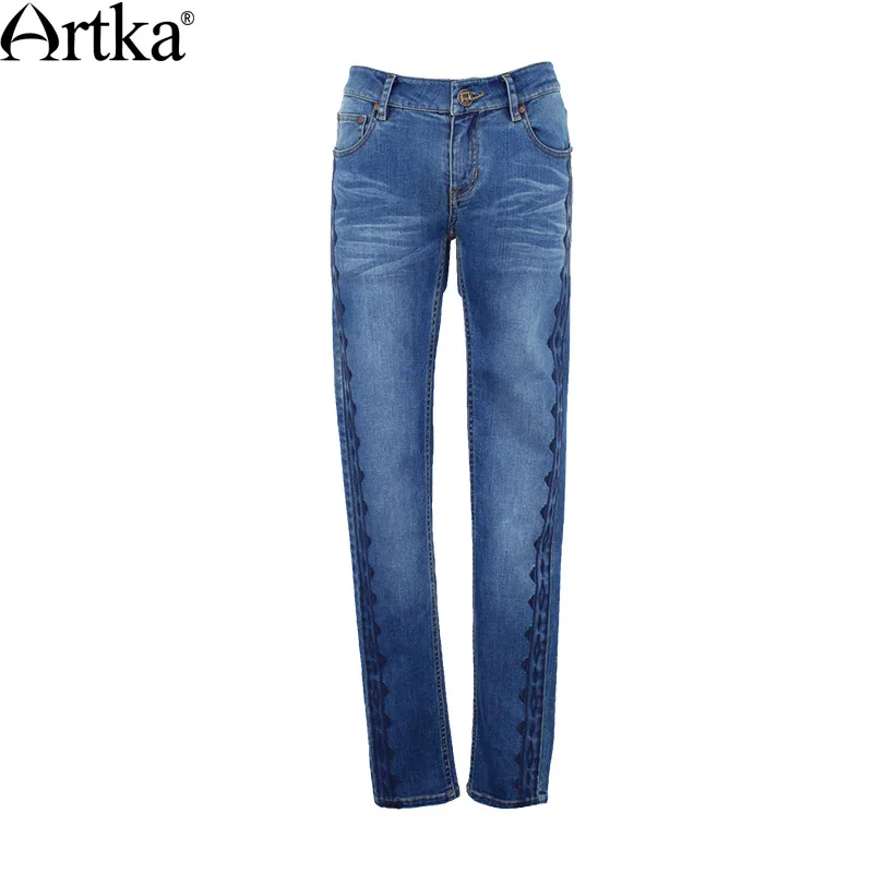ARTKA женские осенние джинсы с вышивкой обезьянки винтажные прямые джинсы со средней талией с рисунком, подходят ко всему KN10078X