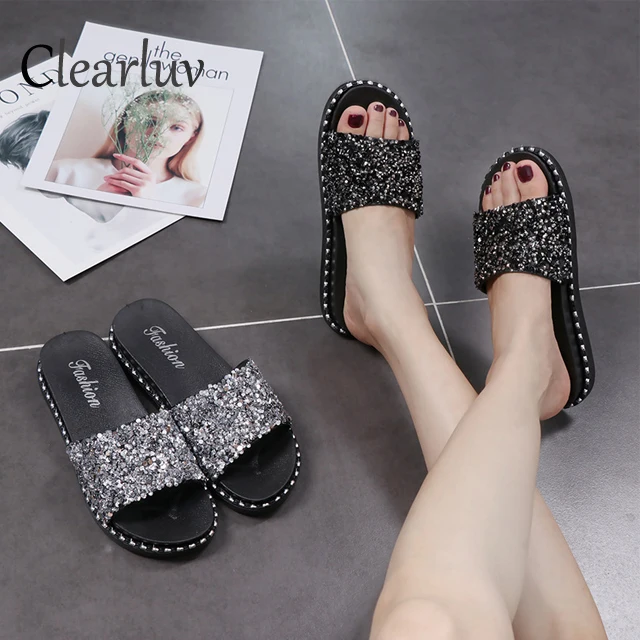 

sequins in Europe and the leisure fashion cool shoes female 2019 summer wear flat beach Women's shoes Black silver free shipping