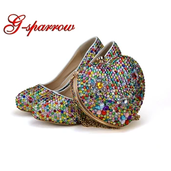 

Small Rhinestone Mix Color High Heel Party Shoes with Heart Shape Bag Wedding Bridal Shoes Adult Ceremony Shoes with Clutch Bag