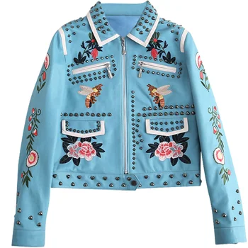 

High Quality leather jacket Women autumn motorcycle jacket Women Leather Embroidery Flowers Bird Pattern women leather jacket