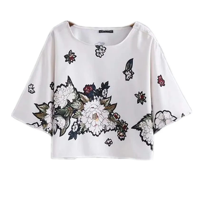 Woman Chiffon Flower Print Batwing Sleeve Crop Top Fashion
