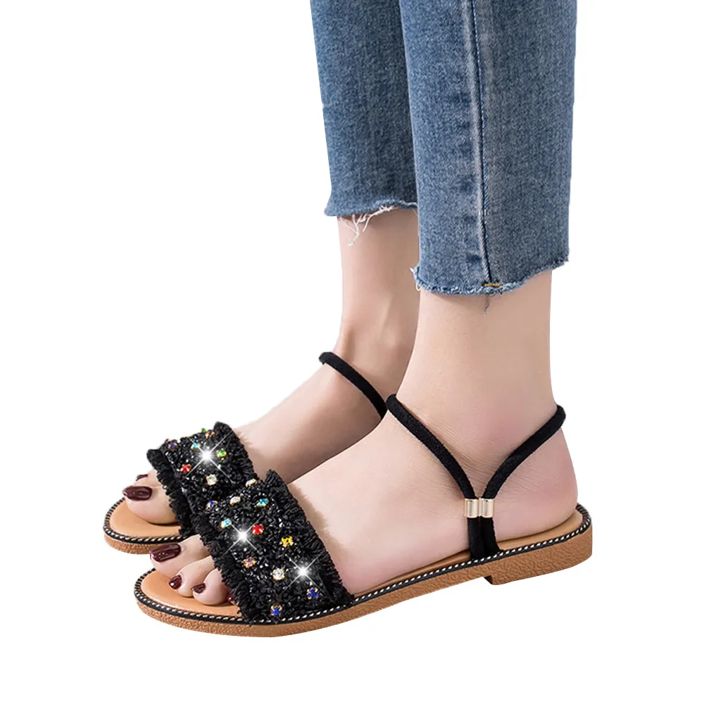 

2019 Summer women's solid color fashion beach sandals female casual open toe slippers seaside flat rhinestone sandals ladies