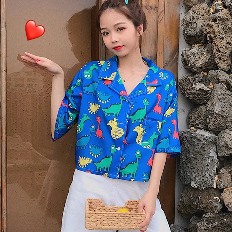 

Women Blouses Fashion Cartoon Print Blouse 2019 New Short Sleeve Turn Down Collar Shirt Summer Loose Casual Tops Chemise Femme