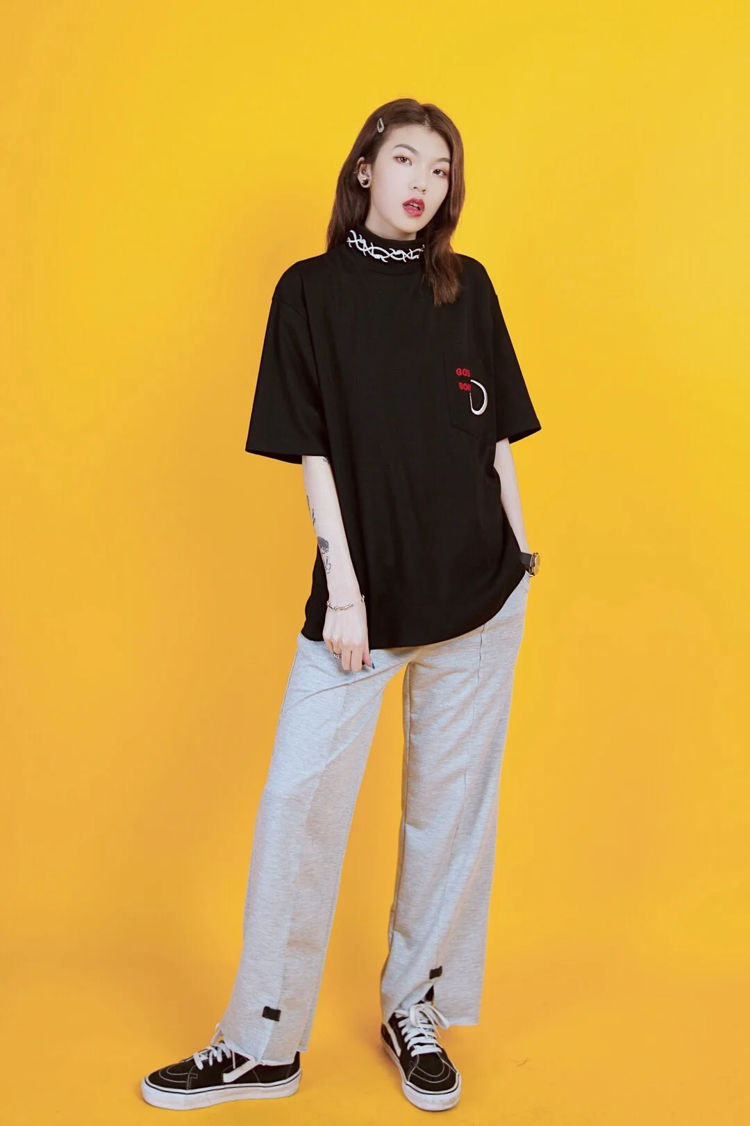 Уличный бренд, футболка с пятью рукавами, Женская свободная, вышитая буква BF, полу-высокий воротник, Harajuku, футболки больших размеров