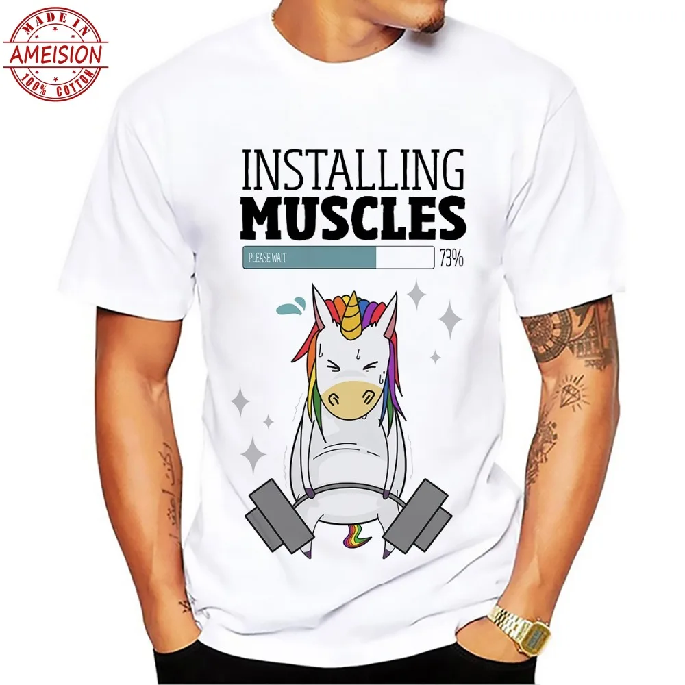 تركيب العضلات كمال الاجسام يونيكورن الاثقال مضحك t قميص الرجال جديد الأبيض عارضة أوم قصيرة الأكمام زائد حجم التي شيرت