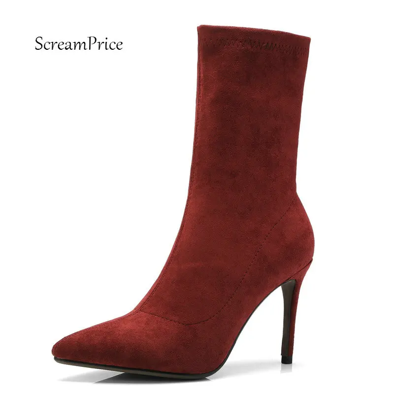 Ladies Suede Thin High Heel Ankle Boots Fashion Slip On Pointed Toe Women Fall Winter Bootie Black Gray Wine Red Ladies Suede Thin High Heel Ankle Boots Fashion Slip On Pointed Toe Women Fall Winter Bootie Black Gray Wine Red