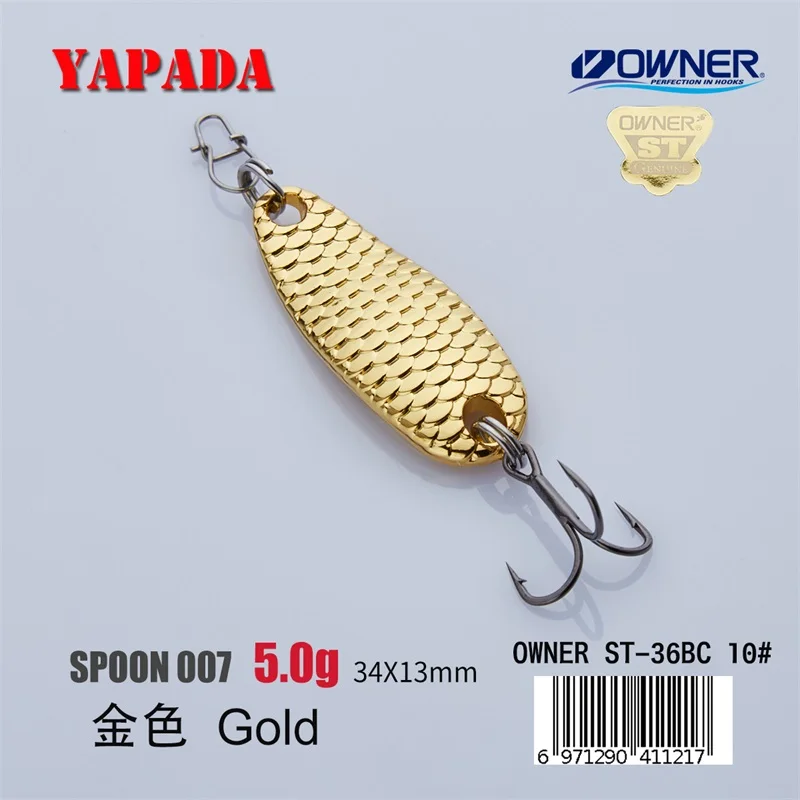 YAPADA ложка 007 Loong Шкала 5 г/7,5 г 34-39 мм держатель тройной крючок многоцветный цинковый сплав металлическая ложка перо рыболовные приманки бас - Цвет: Gold 5g