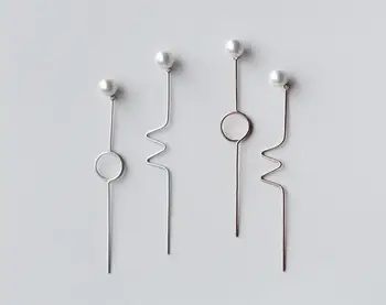 

Real. 925 Sterling Silver asymmetric lifeline pulse heartbeat &Circle with shell pearl long Earrings dangle geometric GTLE1106
