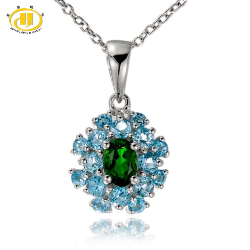 

Hutang Fashion 1.54 Carats Chrome Diopside & Blue Topaz 925 Sterling Silver Pendant Necklace Women HuTang Women Jewelry Gift