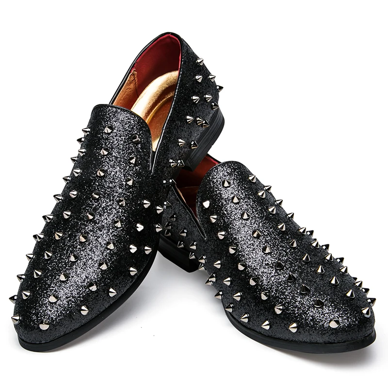 men's spike dress shoes italian silver gold slip on rhinestone loafers 2017 luxury brand unique cool male studded footwear flats (37)