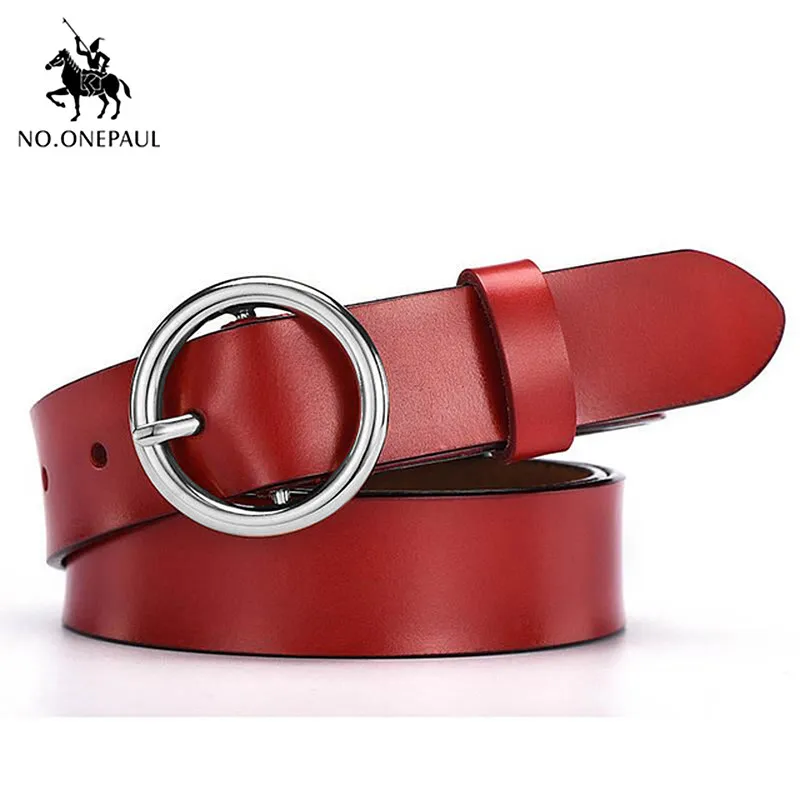 NO.ONEPAUL Women's simple and generous leather belt gold noble round alloy material pin buckle youth girl student waist belt - Цвет: YQ01 red silver