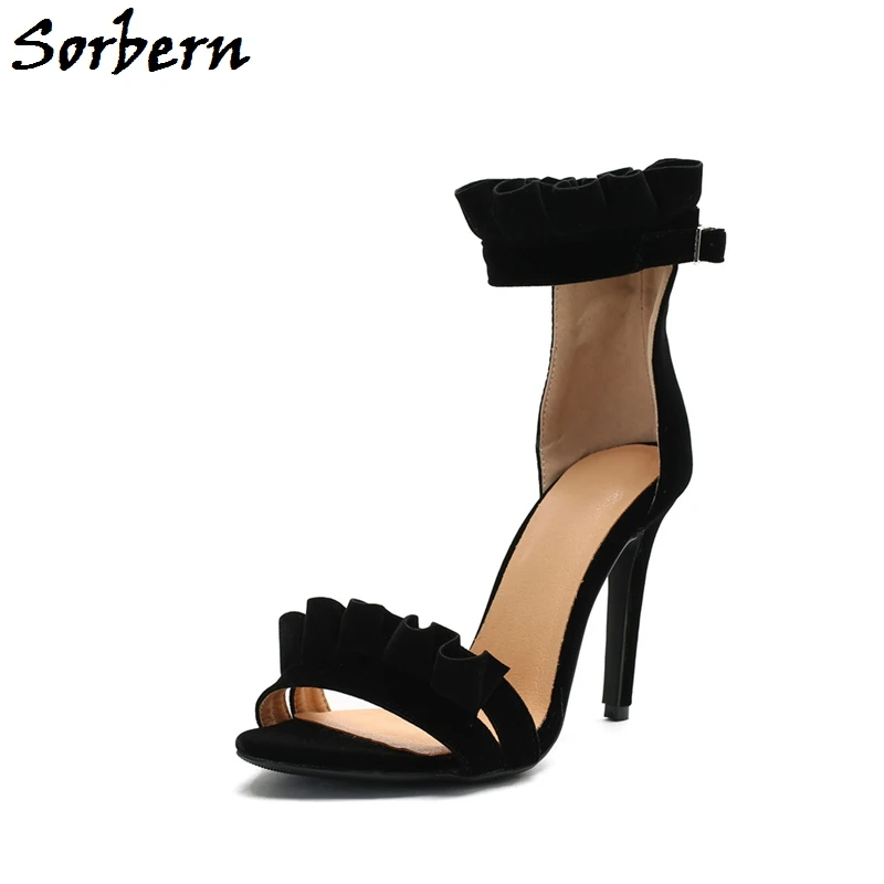 

Sorbern Black Ruffles Ankle Strap Sandals High Heel Plus Size 10 Stilettos Summer Women Shoes Open Toe Custom Made Color Sandals