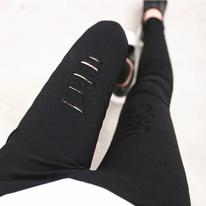 

New Elastic Women Pants Cotton Ripped Legging Hole Knee Ripped Jeans Pencil Ankle-Length Pants Gothic Wash Leggings
