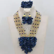 Удивительные африканских Бусины комплект ювелирных изделий Золотой Кристалл Бусины Blue coral Бусины Цепочки и ожерелья в нигерийском стиле свадебный комплект ювелирных изделий amj868