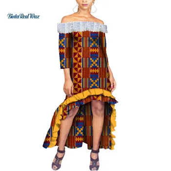 

Slash Neck Rulffles Draped Long Dresses African Dresses for Women Bazin Riche Print Ankara Dresses African Clothing WY4045
