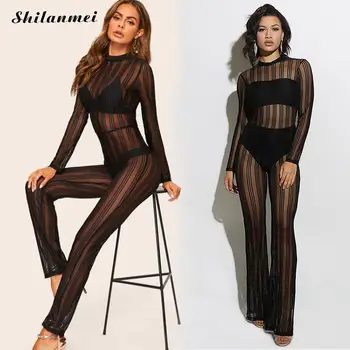 

2019 Women Fashion Backless Romper Jumpsuit Long Sleeve O Neck Stripe Sexy See Through Mesh Sheer Lace Long Jumpsuit